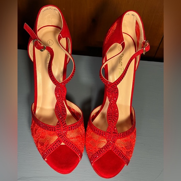 Super Sexy Red Suede, Lace & Rhinestone Stiletto Heels by Dream Pairs. 9.5M ❤️❤️ - Picture 7 of 10